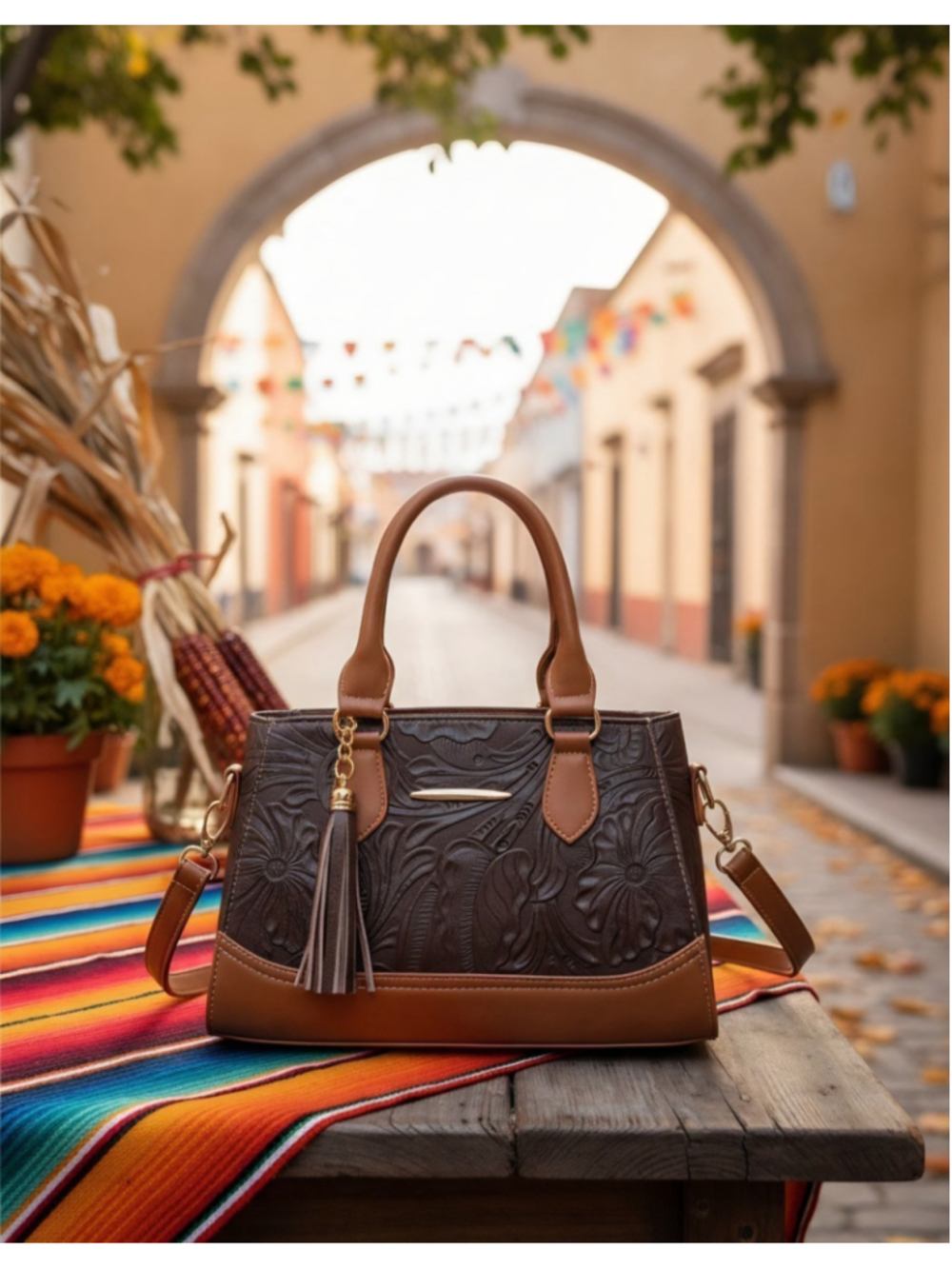 Chocolate Cognac Brown Floral Embossed Artisan LEATHER Crossbody bag Purse